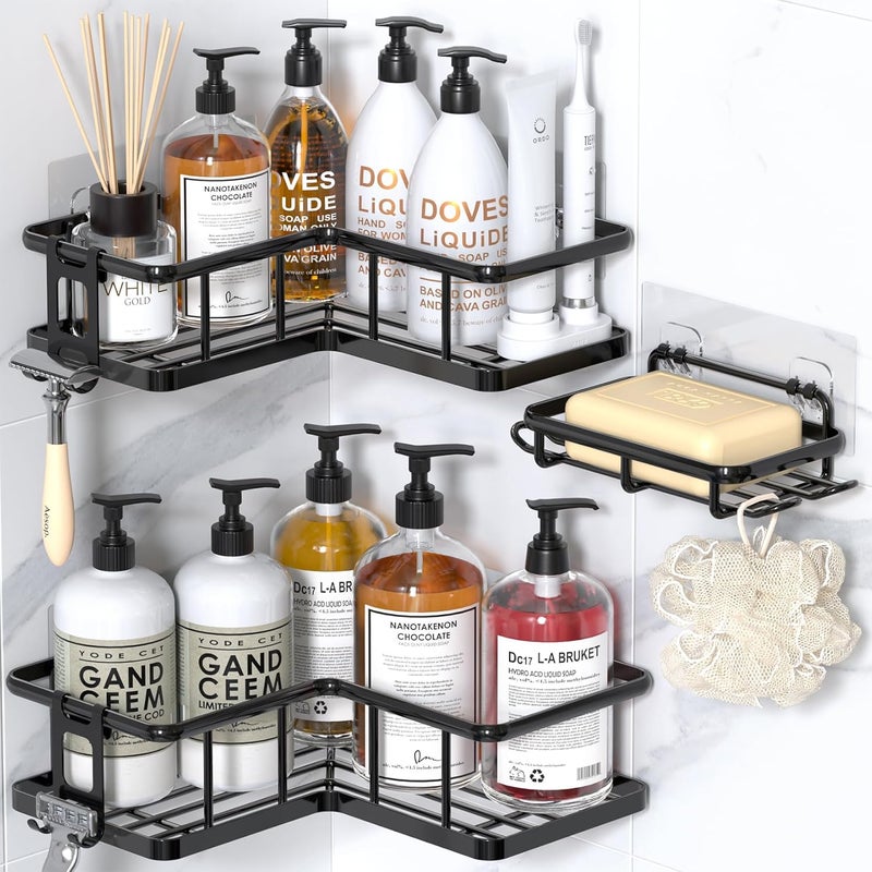 YASONIC Shower Caddy Corner, 3-Pack Adhesive Rustproof Stainless Steel Shower Shelves with Soap Holder, No Drilling Shower Organizer Corner for Dorm, Renters Bathroom, Black - Image 1